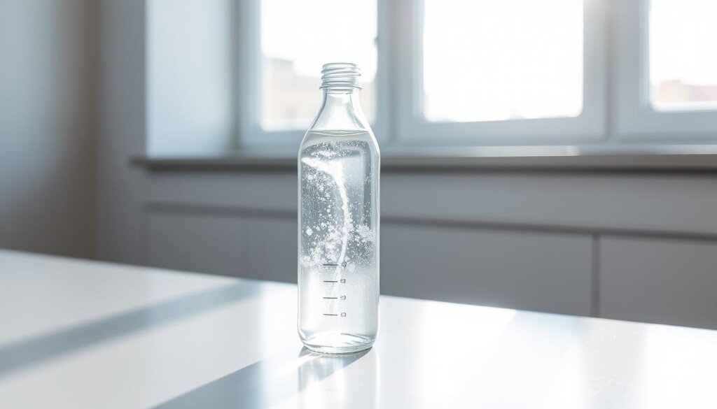 A glass water bottle filled with clear, effervescent liquid sits on a sleek, minimalist countertop, illuminated by natural light flooding in from a nearby window. The bottle's surface glistens, reflecting the room's clean, modern aesthetic. The liquid inside appears to have a subtle, iridescent shimmer, hinting at the presence of dissolved hydrogen molecules. The scene conveys a sense of purity, wellness, and the promise of enhanced hydration. The camera angle is slightly elevated, providing a clear, unobstructed view of the bottle's contents and design.