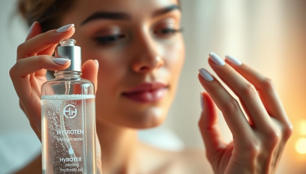 A high-definition, realistic image of a woman's hand gently applying a clear, shimmering hydrogen water-infused skincare product to her face. The product bottle is displayed prominently in the foreground, with a soft, diffused lighting creating a warm, spa-like ambiance. The middle ground features the woman's face, her skin glowing and radiant, conveying a sense of hydration and youthful vitality. The background is blurred, creating a sense of focus on the skincare routine. The overall scene evokes a calming, luxurious, and rejuvenating experience with the use of hydrogen water in a daily skincare regimen.