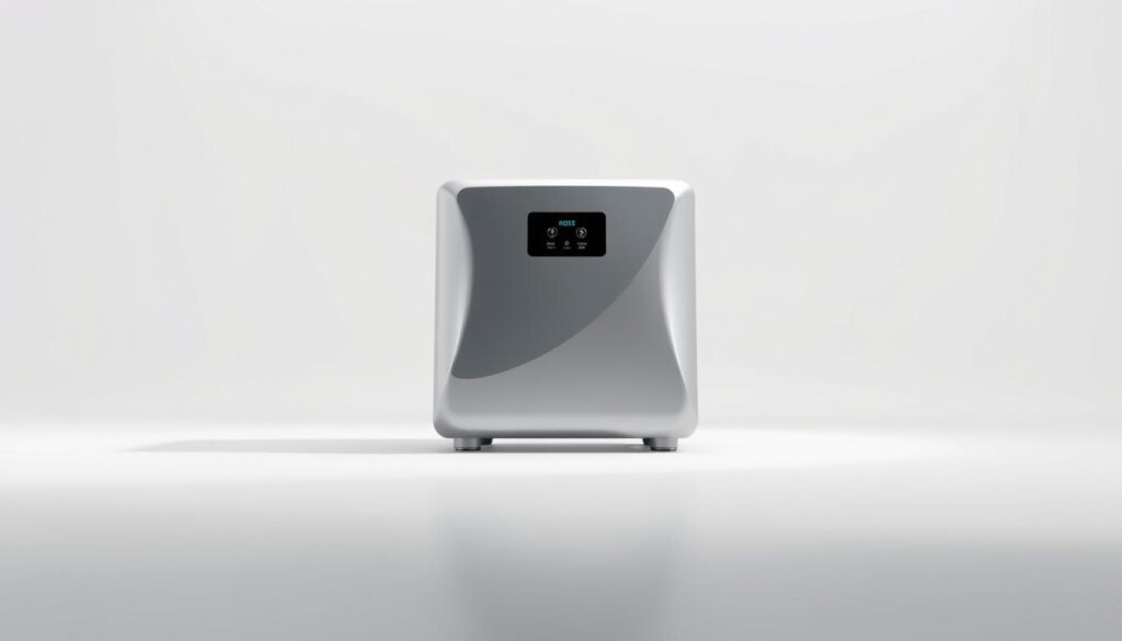 A high-quality, detailed rendering of a modern, sleek water generator device. The generator is positioned prominently in the center of the frame, with a clean, minimalist design featuring smooth curves and a metallic finish. The foreground is well-lit, with soft, directional lighting casting subtle shadows that accentuate the form. The middle ground showcases the generator's various controls and input/output ports, while the background is a simple, white studio setting, allowing the device to be the focal point. The overall atmosphere is one of sophistication and technological innovation, reflecting the advanced capabilities of this water generation system.