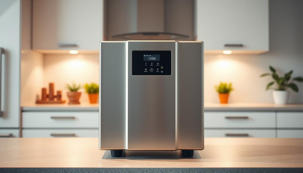 A high-quality, industrial-grade ionizer device standing prominently in a well-lit, modern kitchen. The ionizer has a sleek, metallic body with a digital display and various control buttons. The foreground focus is on the ionizer, with a clean, minimalist aesthetic. In the middle ground, the kitchen countertop and backsplash provide a neutral, muted backdrop, highlighting the ionizer's technological sophistication. The background features subtly blurred natural elements, such as potted plants or a window, conveying a sense of wellness and healthy living. Soft, directional lighting from above casts a warm, inviting glow on the scene, emphasizing the ionizer's advanced capabilities in water filtration and purification.