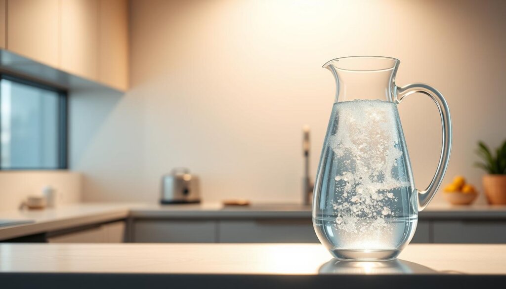 A high-quality, realistic image of a glass carafe filled with clear, sparkling hydrogen-infused water. The carafe is placed on a sleek, modern countertop, bathed in soft, warm lighting that enhances the water's luminescent quality. The background is a minimalist, neutral-toned kitchen interior, showcasing the KYK Hydrogen Water Filter's advanced PEM technology and high hydrogen content. The image conveys a sense of purity, wellness, and the filter's proven certifications, aligning perfectly with the article's subject and section title.