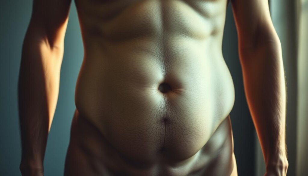 A human torso with a prominent, distended abdomen, conveying the visual essence of "gas gut". The skin has a slightly mottled, greenish-yellow hue, suggesting bloating and discomfort. Intricate details of the abdominal muscles and contours are visible, capturing the physiological effects of excess gas buildup. The figure is lit from the side, casting dramatic shadows that accentuate the protruding belly. The background is blurred, maintaining the focus on the central subject and its anatomical features. The overall mood is one of discomfort and physiological distress, reflecting the section's exploration of the science behind gas, gut, and bloating.