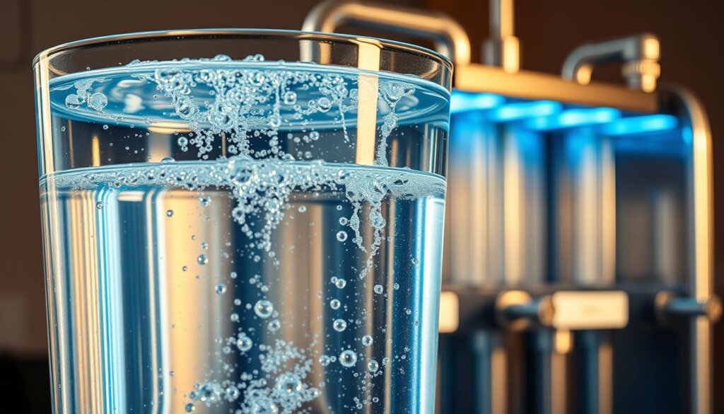 A large glass vessel filled with crystal-clear water, gently bubbling with streams of tiny hydrogen gas bubbles rising to the surface. In the background, a sleek, modern hydrogen water production machine, its metallic chassis gleaming under soft, even lighting. The scene is bathed in a warm, natural glow, creating an inviting and scientific atmosphere. The overall composition emphasizes the purity, efficiency, and technological sophistication of the hydrogen water production process, hinting at the potential health benefits of this specialized water compared to regular tap water.