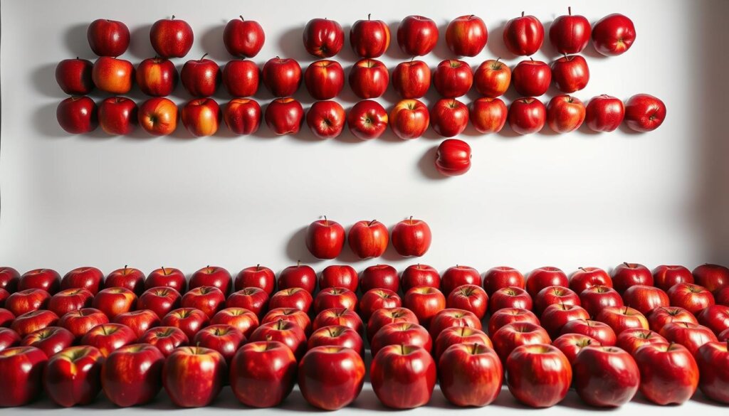 A meticulously arranged still life featuring 516 red apples against a stark white backdrop, captured with a macro lens and dramatic front lighting to accentuate the glossy, vibrant skin and subtle shadows. The apples are precisely placed in symmetrical rows, creating a sense of order and balance that invites the viewer to closely examine the intricate details of each fruit. The overall composition conveys a clean, minimalist aesthetic, allowing the sheer volume and visual impact of the apples to take center stage. The scene exudes a sense of scientific precision, hinting at the underlying mathematical relationship between the quantity of apples and the volume of hydrogen water.