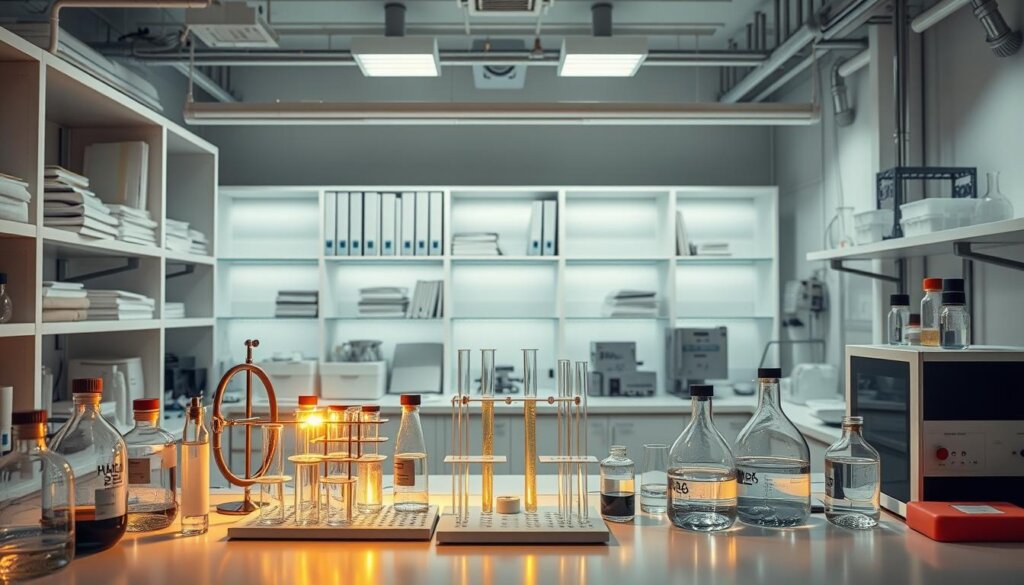 A meticulously detailed laboratory setting, with an array of scientific equipment and glassware showcasing various experiments related to hydrogen water research. The foreground features a central workstation with test tubes, beakers, and a state-of-the-art hydrogen water analyzer, all bathed in the warm glow of focused task lighting. In the middle ground, shelves display neatly organized notebooks, scientific journals, and reference materials, hinting at the rigorous academic work being conducted. The background reveals a panoramic view of the research facility, with clean white walls, gleaming stainless steel fixtures, and a sense of precision and professionalism. The overall mood is one of diligent scientific inquiry, where the potential benefits of hydrogen water are being thoroughly investigated through carefully controlled experiments. A meticulously detailed laboratory setting, with an array of scientific equipment and glassware showcasing various experiments related to hydrogen water research. The foreground features a central workstation with test tubes, beakers, and a state-of-the-art hydrogen water analyzer, all bathed in the warm glow of focused task lighting. In the middle ground, shelves display neatly organized notebooks, scientific journals, and reference materials, hinting at the rigorous academic work being conducted. The background reveals a panoramic view of the research facility, with clean white walls, gleaming stainless steel fixtures, and a sense of precision and professionalism. The overall mood is one of diligent scientific inquiry, where the potential benefits of hydrogen water are being thoroughly investigated through carefully controlled experiments.
