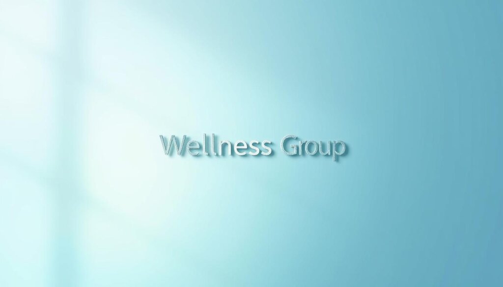 A modern, minimalist design featuring the "Wellness Group" logo prominently displayed in the center of the frame. The logo is rendered in a clean, sans-serif font and appears to be made of a shimmering, reflective material that catches the light. The background is a soft, gradient wash of calming blues and greens, evoking a sense of tranquility and well-being. The overall composition is balanced and symmetrical, with the logo positioned at the optimal focal point. Subtle highlights and shadows add depth and dimension, giving the image a polished, professional look. The lighting is soft and diffused, creating a welcoming and approachable atmosphere.