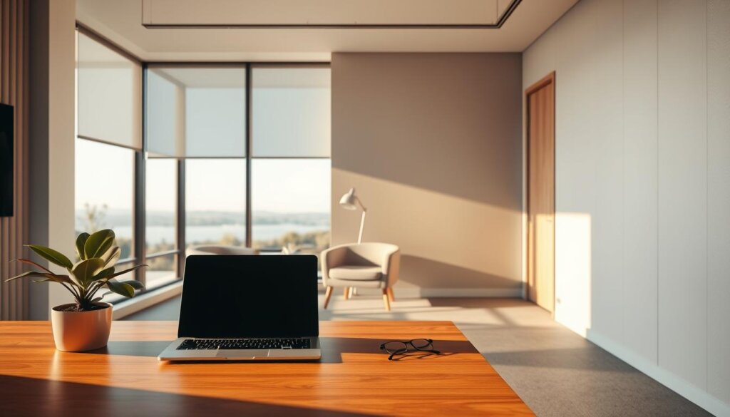 A modern, minimalist office interior with a clean, well-lit atmosphere. In the foreground, a sleek wooden desk with a laptop, a plant, and a pair of glasses resting on top. Behind the desk, a large window overlooks a serene outdoor scene, letting in warm, natural lighting. In the middle ground, a comfortable-looking armchair and a small side table, creating an inviting space for a one-on-one conversation. The background features a neutral-colored wall with a subtle texture, giving the scene a sophisticated, professional ambiance. The overall mood is calm, welcoming, and conducive to a productive discussion about the Wellness Group's offerings.