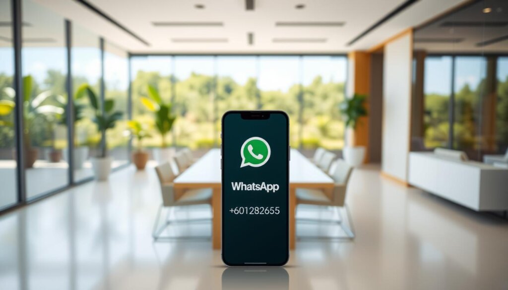 A modern office space with sleek, clean lines and minimalist design. In the foreground, a smartphone displaying the WhatsApp contact information +60123822655 against a blurred background. The middle ground features a warm, natural-lit environment with potted plants and a simple, elegant desk setup. The background showcases a serene, calming landscape with a lush, verdant garden and a clear blue sky. The overall atmosphere conveys a sense of professionalism, wellness, and guidance.