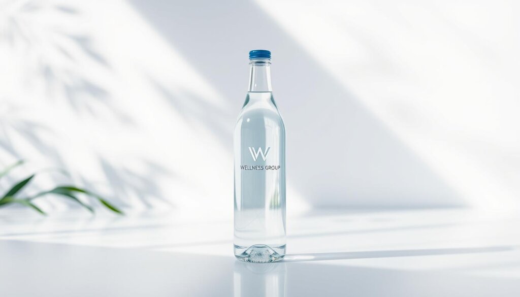 A modern, well-lit studio setting showcasing a glass bottle of "Wellness Group" hydrogen water against a minimalist, natural backdrop. The bottle has a sleek, contemporary design with a bold logo and clean, geometric lines. Soft, natural lighting illuminates the bottle, casting subtle reflections and highlights on the glass surface. The overall scene conveys a sense of purity, wellness, and scientific innovation, aligning with the section title "Talk to Wellness Group in Malaysia".