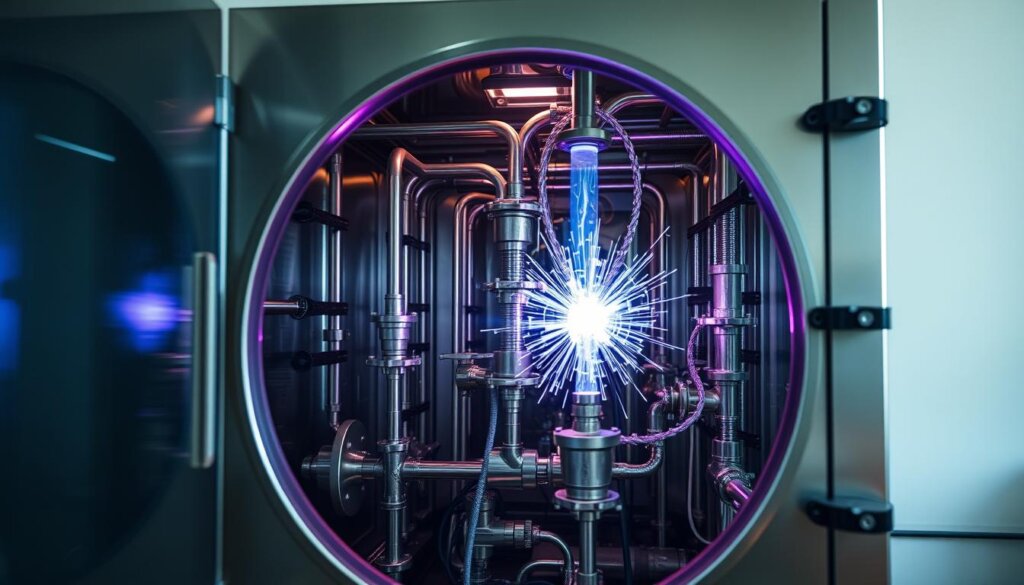 A molecular hydrogen generation chamber, its sleek metallic frame gleaming under soft, diffused lighting. Inside, intricate networks of tubes and valves facilitate the controlled synthesis of hydrogen gas, with water molecules being broken down at the atomic level. Glowing blue-violet plasma arcs crackle and dance, powering the electrochemical process. The scene is both scientifically captivating and aesthetically striking, conveying the precision and innovation inherent in this advanced water purification technology.