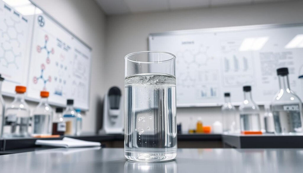 A neatly organized laboratory setting, with a central focus on a glass beaker filled with clear, bubbling liquid - the essence of "hydrogen water" under investigation. Bright, even lighting illuminates the scene, allowing for crisp details and a sense of scientific inquiry. In the background, a whiteboard displays molecular diagrams and research data, hinting at the ongoing experiments and discoveries. The overall atmosphere is one of diligent research, where the pursuit of understanding the potential benefits of hydrogen-infused water is paramount.