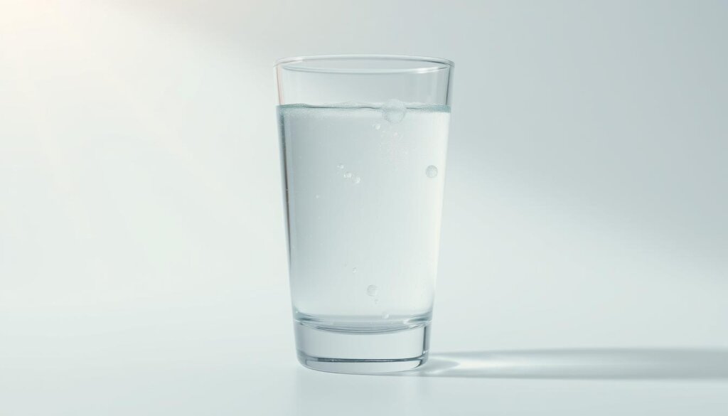 A pristine glass of clear, effervescent liquid suspended against a crisp, white backdrop. Rays of soft, warm light dance across the surface, revealing a subtle shimmer and gentle bubbles rising from the bottom. In the foreground, a single hydrogen molecule model hovers, its delicate structure casting a faint reflection in the liquid. The middle ground showcases the molecular composition of hydrogen-infused water, with its distinct properties and chemical makeup visually represented. The background fades into a clean, minimalist setting, allowing the subject to take center stage and convey the essence of "hydrogen water" in a clean, scientific manner.