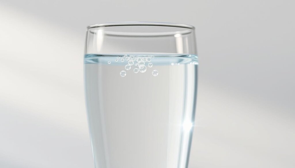 A pristine glass of water, illuminated by soft, diffused lighting, showcasing the delicate essence of hydrogen-infused liquid. The clear fluid gently refracts the light, creating a serene, almost ethereal quality. Suspended within the water, tiny bubbles of hydrogen gas shimmer and dance, reflecting the tranquil ambiance. The scene is captured with a shallow depth of field, drawing the viewer's attention to the captivating visual properties of this unique water solution. The overall composition emphasizes the purity, clarity, and natural refinement of hydrogen water, inviting the viewer to explore its distinctive qualities.
