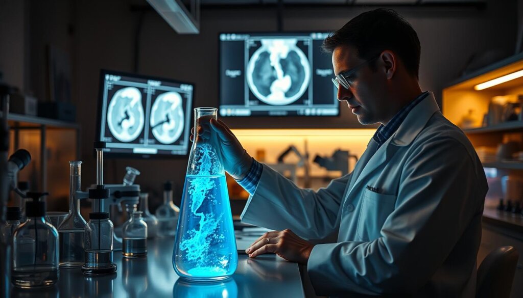 A research laboratory setting, dimly lit with soft, warm lighting. In the foreground, a scientist in a white lab coat carefully examining a flask containing a glowing, azure-tinted liquid - hydrogen-enriched water. Beakers, microscopes, and other scientific equipment populate the middle ground, conveying a sense of ongoing research and investigation. In the background, a large monitor displays medical imagery, perhaps a CT scan or MRI, providing a clinical context for the study of this novel therapeutic approach. The atmosphere is contemplative, with a focus on the potential of this emerging adjunctive treatment for oncology patients.