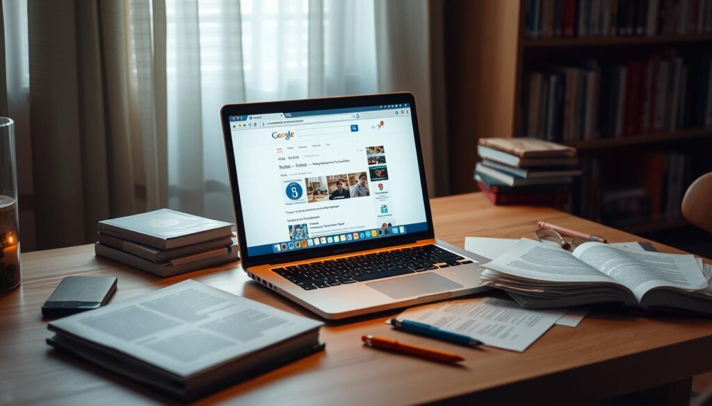 A scholarly workspace with a laptop, books, and research papers scattered across a clean, well-lit wooden desk. The Google Scholar homepage is displayed on the laptop screen, inviting exploration of its vast trove of scientific literature. Soft, diffused lighting illuminates the scene, creating a contemplative atmosphere conducive to academic inquiry. The arrangement of the elements suggests a thoughtful, organized approach to research, with the tools of knowledge readily accessible. The overall impression conveys the idea of a dedicated scholar immersed in the pursuit of new insights and discoveries.