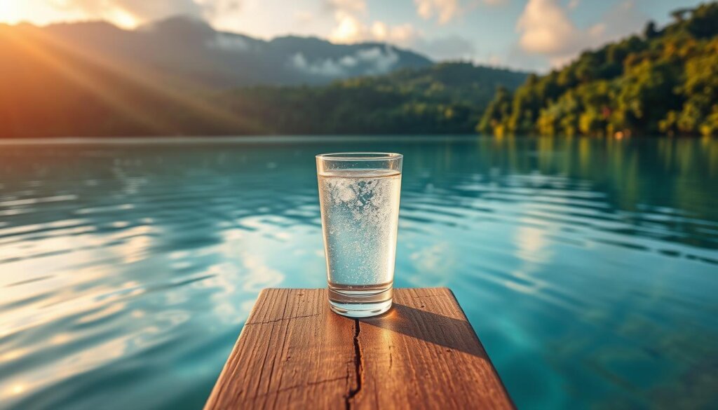 A serene Malaysian landscape with a crystal-clear, azure-tinted lake reflecting the lush, verdant foliage surrounding it. In the center of the frame, a glass of translucent, slightly effervescent "hydrogen water" sits atop a wooden dock, its bubbles gently rising to the surface. Warm, diffuse sunlight filters through wispy clouds, casting a warm, ambient glow over the entire scene. The overall mood is one of tranquility, wellness, and natural harmony.