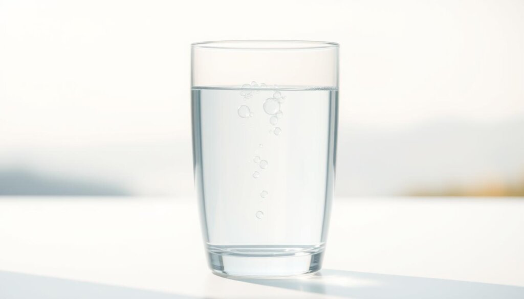 A serene and tranquil scene depicting the safety and purity of hydrogen-enriched water. In the foreground, a transparent glass filled with crystal clear liquid, gently illuminated by soft, natural lighting. Floating within the water, delicate hydrogen bubbles rise to the surface, symbolizing the clean and rejuvenating properties of this specialized hydration solution. The middle ground features a minimalist, white-themed background, conveying a sense of simplicity and wellness. In the distant background, a hazy, blurred landscape suggests a natural, calming environment, emphasizing the safety and natural origins of this innovative water product.