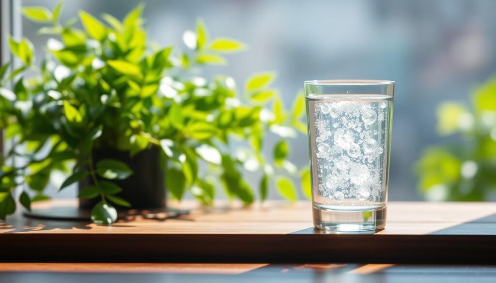 A serene and tranquil scene featuring a glass of clear, sparkling water with a subtle hint of hydrogen bubbles gently rising to the surface. The glass is placed atop a wooden table, with a soft, natural lighting illuminating the scene. In the background, a lush, verdant plant adds a touch of greenery, symbolizing the natural, antioxidant-rich properties of the hydrogen-infused water. The overall atmosphere conveys a sense of purity, wellness, and the rejuvenating benefits of this innovative health elixir.