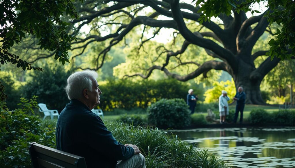A serene garden scene with lush, verdant foliage and a tranquil pond. In the foreground, a person sitting on a bench, their expression contemplative and focused. Soft, diffused lighting illuminates the scene, creating a calming atmosphere. In the middle ground, several elder individuals engaged in gentle activities, their movements graceful and deliberate. The background features a stately oak tree, its branches reaching outward, providing a sense of sheltering protection. The overall tone conveys a feeling of cognitive clarity, emotional well-being, and a harmonious connection between the individuals and their environment.
