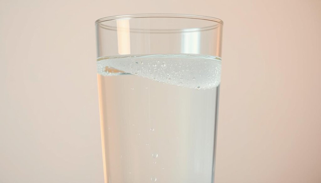 A serene, well-lit close-up of a glass filled with clear, effervescent water, evoking the idea of "exercise recovery hydrogen water". The water's surface gently ripples, reflecting a warm, diffused light that creates a soft, ethereal atmosphere. The glass is set against a subtly blurred, neutral background, allowing the water to be the focal point. The overall composition emphasizes the purity, refreshment, and restorative properties of the hydrogen-infused water, conveying a sense of post-workout rejuvenation and wellness.