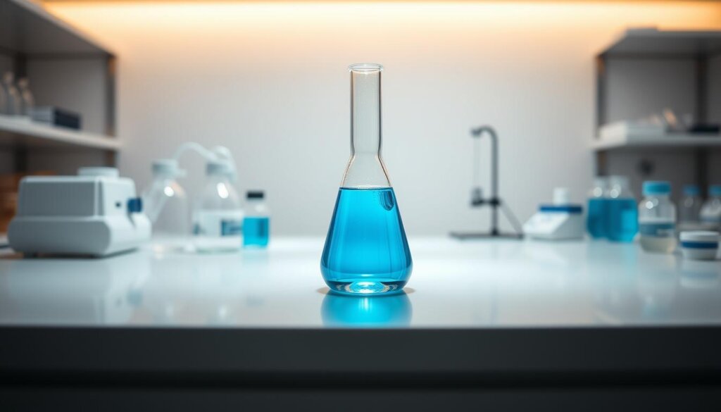A serene, well-lit laboratory setting with a central focus on a transparent glass beaker filled with a vibrant blue liquid, representing the "safety profile, tolerability, and interactions" of the subject matter. The beaker is positioned on a sleek, minimalist workbench, with scientific instruments and equipment in the background, conveying a sense of professionalism and attention to detail. The lighting is soft and diffused, creating a warm, inviting atmosphere that draws the viewer's attention to the central element. The overall composition is balanced and visually appealing, with a clean and modern aesthetic that aligns with the subject's wellness and health-focused theme.