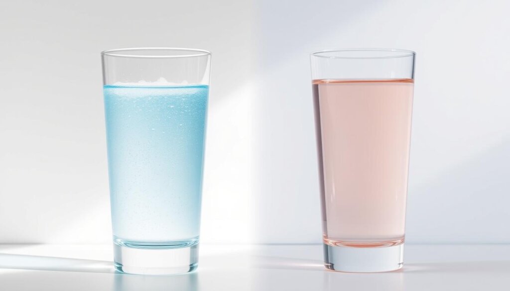A side-by-side comparison of two glasses of water, one filled with vibrant blue-green hydrogen water and the other with a pale pink-tinged alkaline water. The glasses are set against a clean, minimalist background, illuminated by soft, natural lighting that casts subtle shadows. The hydrogen water appears fresh and effervescent, while the alkaline water has a more muted, still appearance. The scene conveys a sense of scientific curiosity, inviting the viewer to examine the distinct properties and potential benefits of these two types of functional waters.