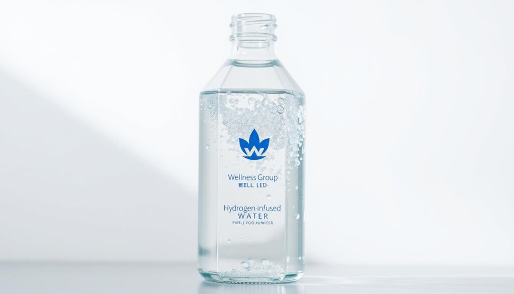 A sleek and minimalist glass bottle filled with crystal-clear hydrogen-infused water, bathed in soft, natural lighting that highlights the purity and clarity of the liquid. The bottle's label prominently features the "Wellness Group" logo, conveying a sense of wellness, health, and high-quality products. The bottle is set against a plain, uncluttered background, perhaps a clean, white surface, allowing the product to be the sole focus. The overall mood is one of simplicity, purity, and a dedication to wellness and well-being.