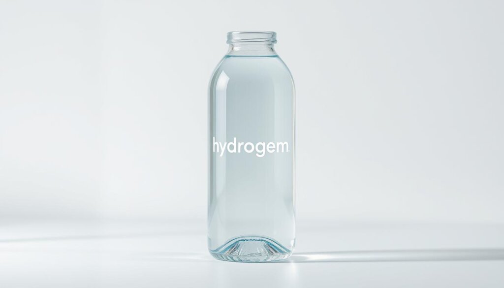 A sleek and modern glass bottle filled with crystal-clear "hydrogen water", catching the light and casting a soft, inviting glow. The bottle is set against a minimalist, light-colored background, with a clean, wellness-focused aesthetic. The scene is shot from a slightly elevated angle, emphasizing the clarity and purity of the water. Soft, diffused lighting creates a calming, serene mood, complementing the health-conscious theme. The composition is balanced and visually appealing, drawing the viewer's attention to the central subject - the hydrogen water itself.
