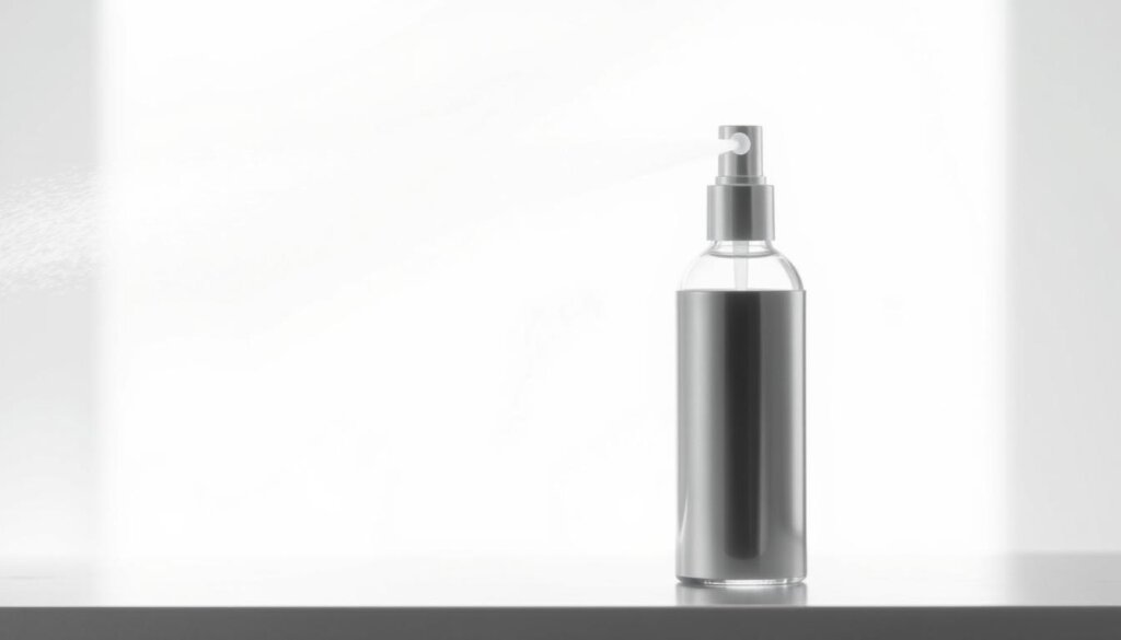 A sleek and modern hydrogen water face mist with a chic, minimalist design. The mist appears as a fine, transparent haze against a bright, clean backdrop, capturing the essence of hydration and refreshment. The bottle features a sophisticated, metallic finish, reflecting the light subtly. The overall composition conveys a sense of simplicity, purity, and high-quality craftsmanship, perfectly suited for a wellness-focused product.