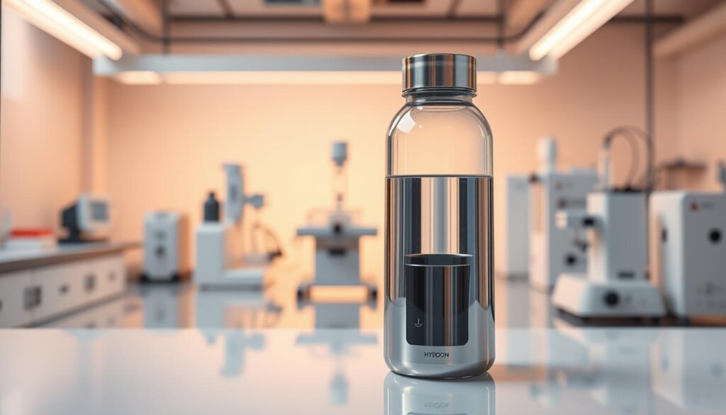 A sleek, modern hydrogen water bottle glistens in the foreground, its metallic surface reflecting the surrounding environment. The bottle's intricate internal structure is visible, showcasing the advanced hydrogen technology that powers its high-concentration performance. In the middle ground, a crisp, clean laboratory setting with pristine white surfaces and precise scientific equipment suggests the rigorous testing and development behind this innovative product. The background is bathed in a warm, diffused light, creating an atmosphere of focus, innovation, and well-being. The overall scene conveys a sense of technological sophistication, scientific credibility, and the transformative potential of the hydrogen water bottle.