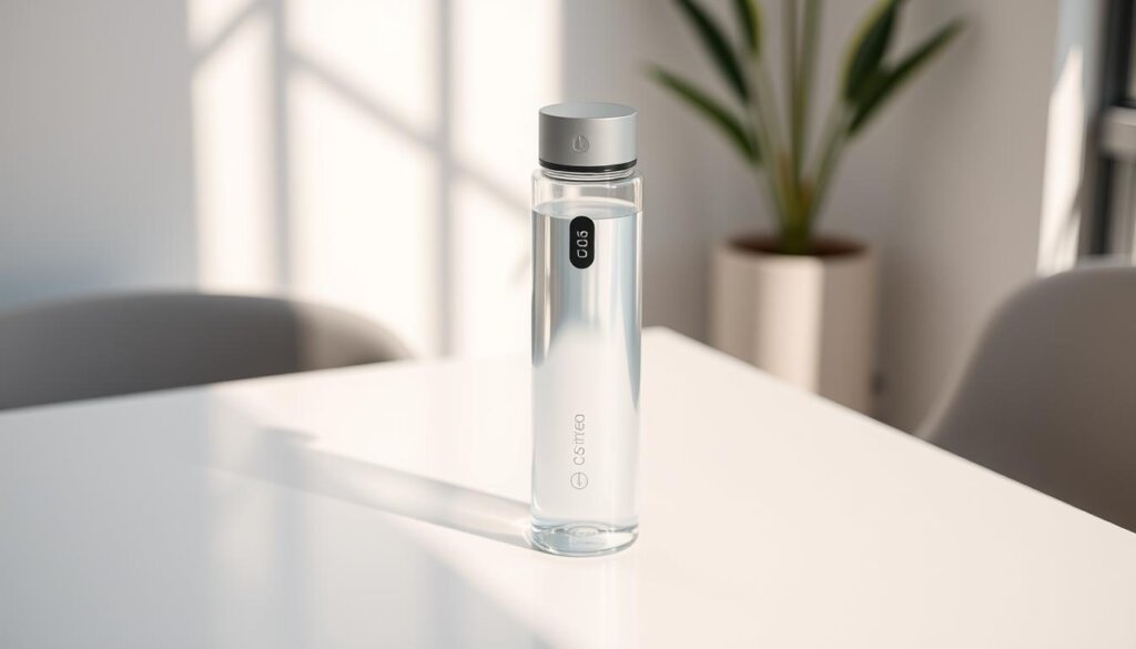 A sleek, modern hydrogen water bottle rests on a clean, minimalist tabletop, bathed in soft, natural lighting that highlights its smooth, translucent body. The bottle's digital display showcases the current hydrogen concentration, while a USB charging port and intuitive controls are easily accessible. The bottle's minimal design seamlessly blends function and form, creating a visually appealing centerpiece that invites the user to explore the benefits of hydrogen-infused water in the comfort of their own home.