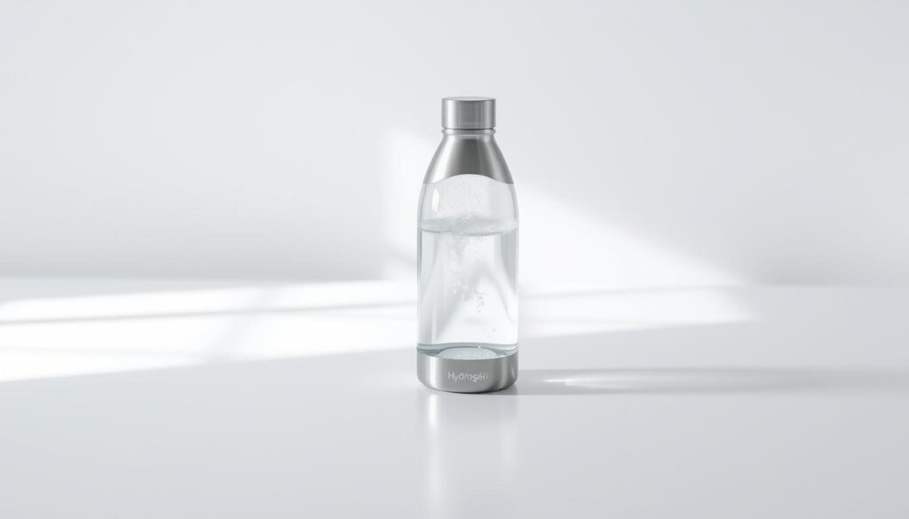 A sleek, modern hydrogen water bottle sits prominently on a minimalist white tabletop. The bottle's curved design and brushed metal accents convey a sense of premium quality and technological sophistication. Soft, directional lighting from an unseen source gently illuminates the bottle, accentuating the clarity of the water and the subtle bubbles rising within. The background is a clean, bright white, allowing the bottle to be the central focus. The overall composition and lighting create a calming, wellness-focused atmosphere, perfectly suited to illustrate the practical steps for achieving optimal hydrogen water concentration.