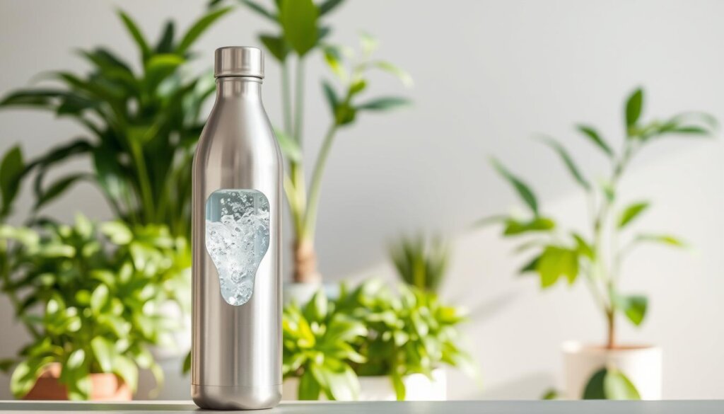 A sleek, modern hydrogen water bottle standing prominently in the foreground, its metallic surface reflecting soft, natural lighting. The bottle has a clean, minimalist design with a clear plastic window revealing the bubbling, effervescent liquid inside. The middle ground features an array of lush, green houseplants, lending a healthy, natural ambiance. The background is a simple, uncluttered space, allowing the hydrogen water bottle to take center stage. The overall scene conveys a sense of wellness, purity, and the benefits of incorporating hydrogen-rich water into one's daily routine.