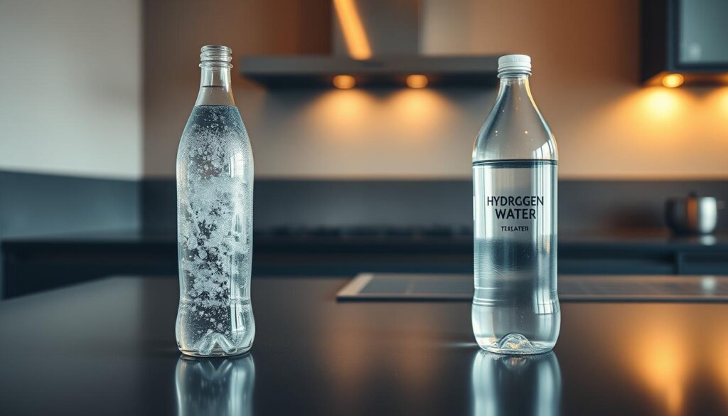 A sleek, modern kitchen counter with a central focus on two contrasting water bottles - one clear glass bottle filled with sparkling, mineral-rich hydrogen water, the other a simple plastic bottle containing pure, transparent distilled water. Soft, warm lighting illuminates the scene, creating a sense of tranquility and contemplation. The background features muted, earthy tones, allowing the vibrant liquids to take center stage. The composition is balanced, inviting the viewer to ponder the nuances and debates surrounding these two hydration choices. The overall atmosphere is one of informed decision-making, encouraging the reader to explore the differences between these two water varieties. A sleek, modern kitchen counter with a central focus on two contrasting water bottles - one clear glass bottle filled with sparkling, mineral-rich hydrogen water, the other a simple plastic bottle containing pure, transparent distilled water. Soft, warm lighting illuminates the scene, creating a sense of tranquility and contemplation. The background features muted, earthy tones, allowing the vibrant liquids to take center stage. The composition is balanced, inviting the viewer to ponder the nuances and debates surrounding these two hydration choices. The overall atmosphere is one of informed decision-making, encouraging the reader to explore the differences between these two water varieties.