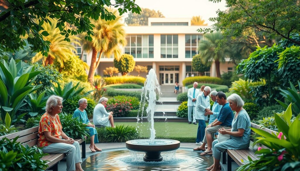 A tranquil and serene scene of a lush, verdant garden with a central water fountain emitting a gentle stream of hydrogen-infused water. The foreground features vibrant, healthy-looking cancer patients sitting on benches, their expressions conveying a sense of peace and wellbeing. The middle ground showcases a team of healthcare professionals tending to the patients, their movements graceful and attentive. In the background, a modern, state-of-the-art cancer care facility stands, its architecture blending harmoniously with the natural surroundings. The lighting is soft and natural, casting a warm glow over the entire scene. The overall atmosphere evokes a sense of hope, healing, and the powerful potential of hydrogen water as an adjunctive therapy in cancer care.