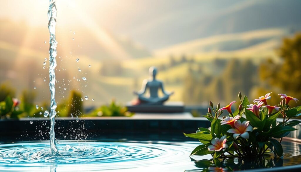 A tranquil scene of a serene, glowing blue-green water fountain, with delicate wisps of hydrogen gas gently rising from the surface. In the foreground, lush green foliage and vibrant flowers symbolize the rejuvenating power of this hydrogen-infused water. The middle ground features a peaceful, meditative figure sitting cross-legged, radiating a sense of calm and mental clarity. The background depicts a softly blurred, natural landscape, bathed in warm, diffused lighting, creating an atmosphere of serenity and inner balance. The overall composition conveys a harmonious, soothing, and restorative energy, embodying the mental well-being benefits of hydrogen water.