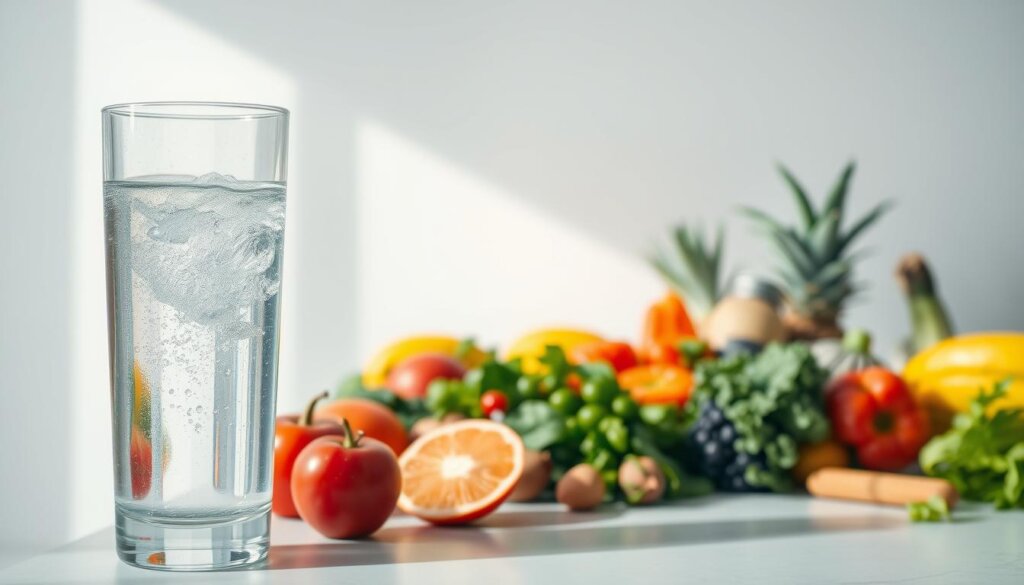 A vibrant, high-resolution photograph showcasing the benefits of hydrogen water. In the foreground, a glass filled with clear, effervescent water, reflecting the natural light streaming in from the side. The middle ground features a diverse array of fresh, organic produce - juicy fruits, leafy greens, and crisp vegetables, symbolizing the nourishing properties of hydrogen-infused water. The background depicts a serene, minimalist setting, with clean lines and neutral tones, creating a sense of tranquility and wellness. The overall composition conveys the purity, rejuvenation, and health-promoting attributes of hydrogen water, ideal for illustrating its benefits for cellular hydration and everyday wellness.