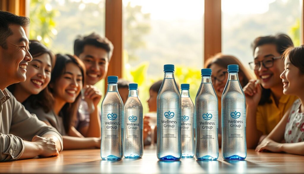 A vibrant, photorealistic image of a group of people enjoying a refreshing, crystal-clear glass of hydrogen-rich water from Wellness Group in Malaysia. The foreground features a diverse group of individuals - men, women, and children - gathered around a table, their faces beaming with smiles as they sip the water. The middle ground showcases the sleek, modern design of the Wellness Group water bottles, their labels prominently displaying the "Wellness Group" logo. In the background, a lush, verdant landscape can be seen through large windows, creating a calming, natural atmosphere. The lighting is warm and inviting, casting a gentle glow over the entire scene. The image conveys a sense of health, happiness, and the benefits of Wellness Group's hydrogen-rich water.