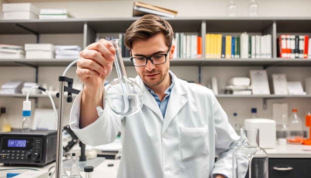 A well-equipped laboratory workspace, with a clean and organized setting. In the foreground, a scientist in a white lab coat carefully holding a glass beaker filled with a clear liquid, focusing intently on measuring the precise hydrogen concentration. The middle ground features various scientific instruments, such as a pH meter, a digital display, and carefully labeled glassware. The background depicts a wall of shelves stocked with reference materials and scientific journals, conveying a sense of expertise and attention to detail. The lighting is bright and even, accentuating the clarity of the experiment and the professionalism of the scene. The overall atmosphere is one of scientific inquiry, precision, and a dedication to accurate hydrogen measurement.