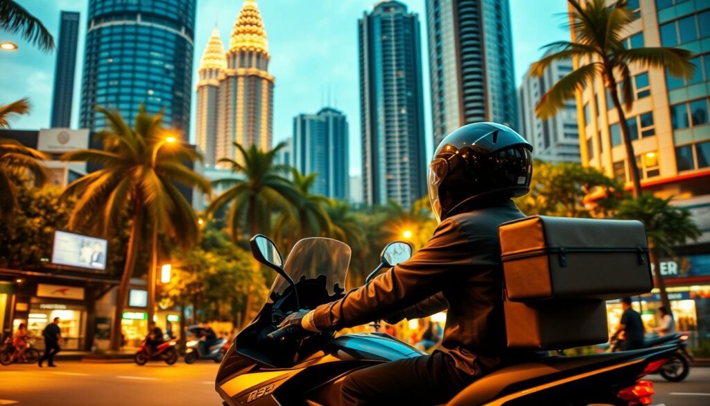 A well-lit, cinematic scene of a Malaysian delivery service in action. In the foreground, a sleek, modern motorcycle courier navigates the bustling streets, their uniform neatly pressed and helmet gleaming. In the middle ground, a bustling urban landscape unfolds, with towering skyscrapers, lush palm trees, and vibrant street markets. The background is bathed in a warm, golden glow, creating a sense of energy and liveliness. The composition is framed with a shallow depth of field, drawing the viewer's eye to the central delivery courier and conveying a sense of efficiency and professionalism.