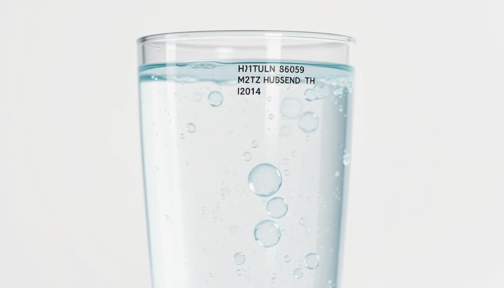 A well-lit close-up shot of a transparent glass filled with clear, sparkling water, highlighting the delicate bubbles and gentle reflections. The water appears pure and refreshing, with a subtle blue-green hue that suggests the presence of dissolved hydrogen. The glass is set against a neutral background, allowing the water to be the central focus. The lighting is soft and diffused, creating a calming, serene atmosphere that evokes a sense of wellness and purity. The overall composition emphasizes the natural, therapeutic properties of hydrogen-infused water.