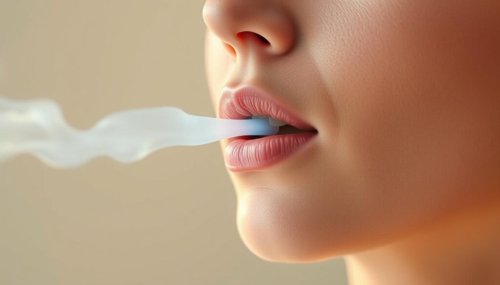 A well-lit, close-up view of a person's face, mouth slightly open, inhaling a stream of hydrogen gas. The background is blurred, with a soft, calming tone to evoke a sense of relaxation and wellness. The lighting is warm and diffused, creating a natural, almost glowing effect on the subject's skin. The hydrogen gas is depicted as a wispy, translucent blue-tinged mist, gently flowing into the open mouth, suggesting a soothing, therapeutic inhalation experience. The overall composition is balanced and visually appealing, drawing the viewer's attention to the focal point of the inhalation process.
