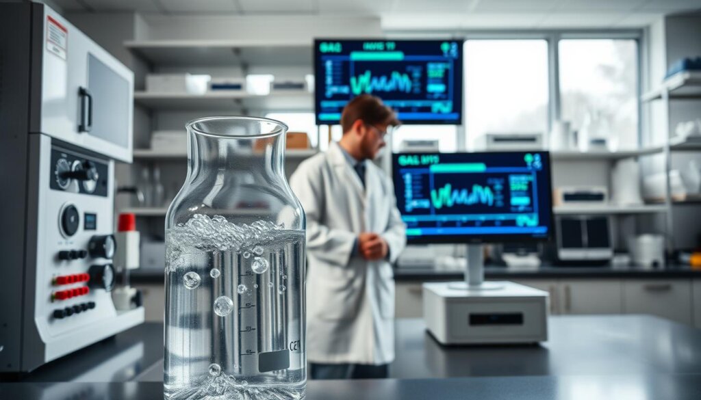 A well-lit, hyper-detailed laboratory setting showcasing hydrogen water safety. In the foreground, a glass beaker filled with clear, bubbling liquid - hydrogen-infused water. Behind it, a state-of-the-art testing apparatus with various dials, gauges, and scientific instruments. In the middle ground, a scientist in a pristine white lab coat, carefully examining the results displayed on a high-resolution monitor. The background features sleek, modern cabinetry, shelves of carefully labeled equipment, and large windows allowing natural light to flood the scene, creating a calm, professional atmosphere. The overall image conveys a sense of scientific rigor, emphasizing the importance of understanding the safety and potential side effects of hydrogen water consumption. A well-lit, hyper-detailed laboratory setting showcasing hydrogen water safety. In the foreground, a glass beaker filled with clear, bubbling liquid - hydrogen-infused water. Behind it, a state-of-the-art testing apparatus with various dials, gauges, and scientific instruments. In the middle ground, a scientist in a pristine white lab coat, carefully examining the results displayed on a high-resolution monitor. The background features sleek, modern cabinetry, shelves of carefully labeled equipment, and large windows allowing natural light to flood the scene, creating a calm, professional atmosphere. The overall image conveys a sense of scientific rigor, emphasizing the importance of understanding the safety and potential side effects of hydrogen water consumption.
