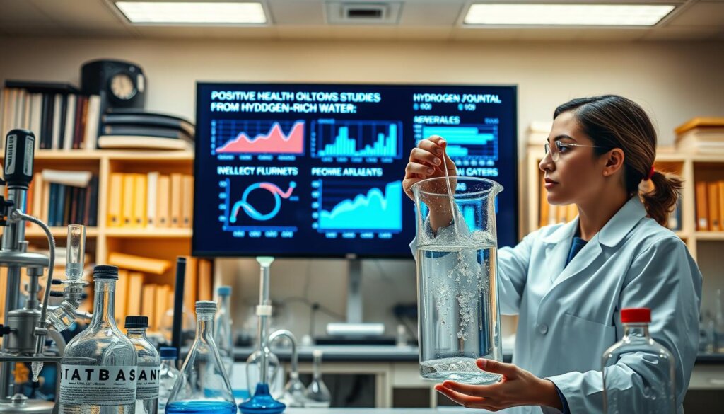A well-lit laboratory setting with an assortment of scientific equipment and glassware. In the foreground, a researcher in a white lab coat examines a beaker filled with clear water, with bubbles rising to the surface. Behind them, a large display screen shows graphs and charts depicting the positive health outcomes from hydrogen water studies. The background features shelves of reference books and scientific journals, casting a warm, authoritative glow over the scene. The overall atmosphere conveys a sense of diligent, evidence-based research into the therapeutic potential of hydrogen-rich water.