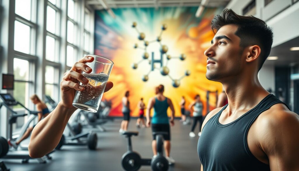 A well-lit, spacious gym interior with high ceilings and large windows. In the foreground, an athlete is drinking from a glass of clear, shimmering water against the backdrop of exercise equipment and a sleek, modern design. The middle ground showcases various fitness activities, from weight lifting to cardio exercises, all performed with a sense of energy and focus. The background features a large, vibrant mural depicting the molecular structure of hydrogen, symbolizing the connection between exercise, performance, and the potential benefits of hydrogen-infused water. The overall scene conveys a sense of health, vitality, and the pursuit of physical excellence.
