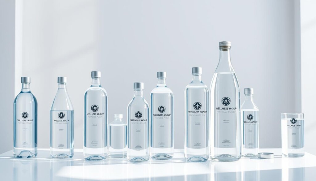A well-lit studio shot of a display table showcasing the Wellness Group hydrogen water products. The table is adorned with sleek, modern bottles and carafes filled with crystal clear water, casting a serene and calming atmosphere. Soft natural lighting illuminates the scene, highlighting the purity and transparency of the water. The bottles feature the Wellness Group logo and branding, prominently displayed to convey the company's expertise and authority in the field of hydrogen-infused water. The overall composition is clean, balanced, and visually appealing, inviting the viewer to learn more about the healing powers of this innovative water solution.
