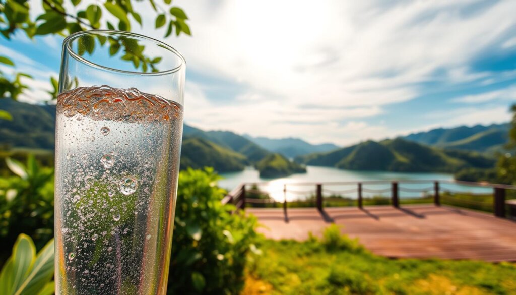 An immersive scene of hydrogen water in a natural Malaysian setting. In the foreground, a transparent glass filled with effervescent, gently bubbling hydrogen-infused water, reflecting the warm afternoon sunlight. In the middle ground, lush green foliage and a wooden deck overlooking a tranquil pond, surrounded by verdant hills. The background features a vibrant blue sky with wispy clouds, creating a serene, rejuvenating atmosphere. Utilizes a wide-angle lens to capture the harmonious integration of the hydrogen water and its picturesque Malaysian environment. Soft, diffused lighting accentuates the purity and vitality of the hydrogen-enriched liquid. An immersive scene of hydrogen water in a natural Malaysian setting. In the foreground, a transparent glass filled with effervescent, gently bubbling hydrogen-infused water, reflecting the warm afternoon sunlight. In the middle ground, lush green foliage and a wooden deck overlooking a tranquil pond, surrounded by verdant hills. The background features a vibrant blue sky with wispy clouds, creating a serene, rejuvenating atmosphere. Utilizes a wide-angle lens to capture the harmonious integration of the hydrogen water and its picturesque Malaysian environment. Soft, diffused lighting accentuates the purity and vitality of the hydrogen-enriched liquid.