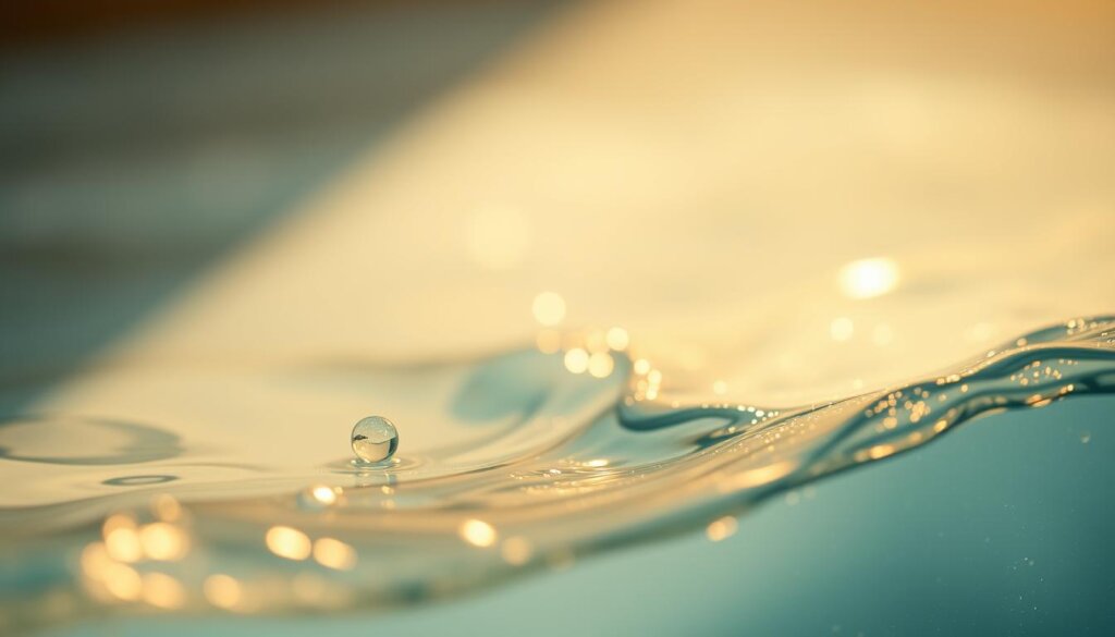 Hydrogen-rich water with a translucent, shimmering surface, illuminated by warm, directional lighting from the side. The water appears to have a slight bluish-green tinge, capturing the natural, pure essence of hydrogen infusion. In the foreground, delicate water droplets cling to the surface, refracting the light and creating a sense of depth and dimension. In the middle ground, the water flows gently, hinting at the soothing, rejuvenating properties associated with hydrogen-rich hydration. The background is blurred, allowing the focus to remain on the captivating, therapeutic-looking water sample.
