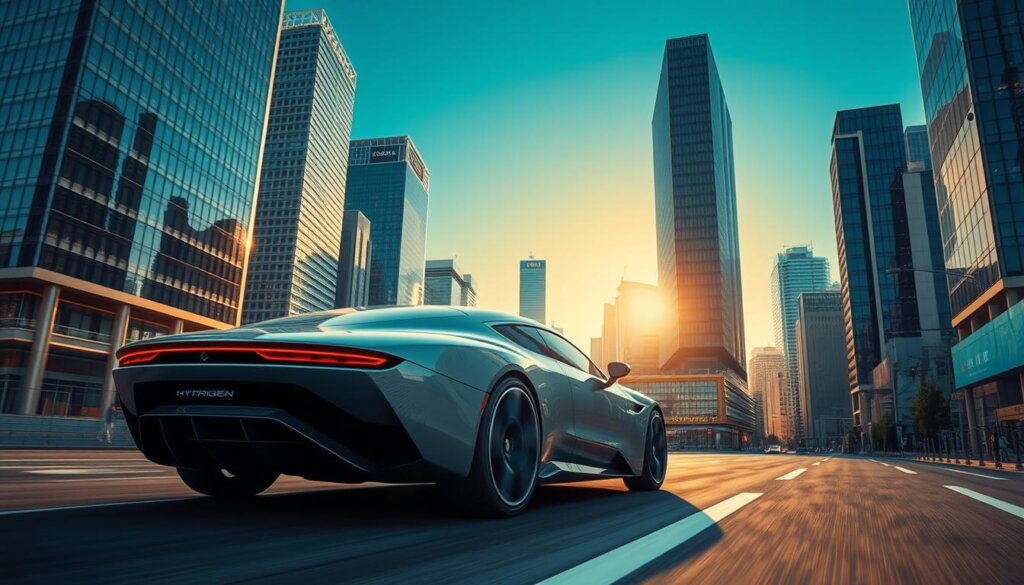 Hydrogen transport: a sleek, futuristic hydrogen-powered vehicle glides through a modern cityscape, its clean exhaust emission-free. The foreground showcases the vehicle's aerodynamic design, with a smooth, metallic chassis and advanced lighting systems. In the middle ground, bustling streets lined with tall, glass-clad skyscrapers create an urban environment powered by sustainable energy sources. The background features a clear, blue sky, with a warm, golden hue from the sun, conveying a sense of progress and innovation in the field of hydrogen-based transportation. Crisp, high-resolution photographic quality, with attention to detail and realistic lighting.