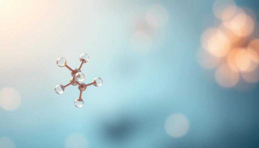 Molecular hydrogen, a delicate dance of two hydrogen atoms, glows softly in a serene, ethereal setting. The foreground features the intricate molecular structure, rendered with precision and scientific accuracy. The middle ground showcases a tranquil, azure-hued environment, hinting at the cellular processes and signaling pathways that hydrogen participates in. Warm, muted lighting casts a gentle glow, conveying a sense of harmony and balance. The background is a soft, blurred gradient, allowing the molecular focus to take center stage. This image captures the essence of how molecular hydrogen can modulate oxidative stress and free radicals, playing a vital role in cellular communication and overall well-being.